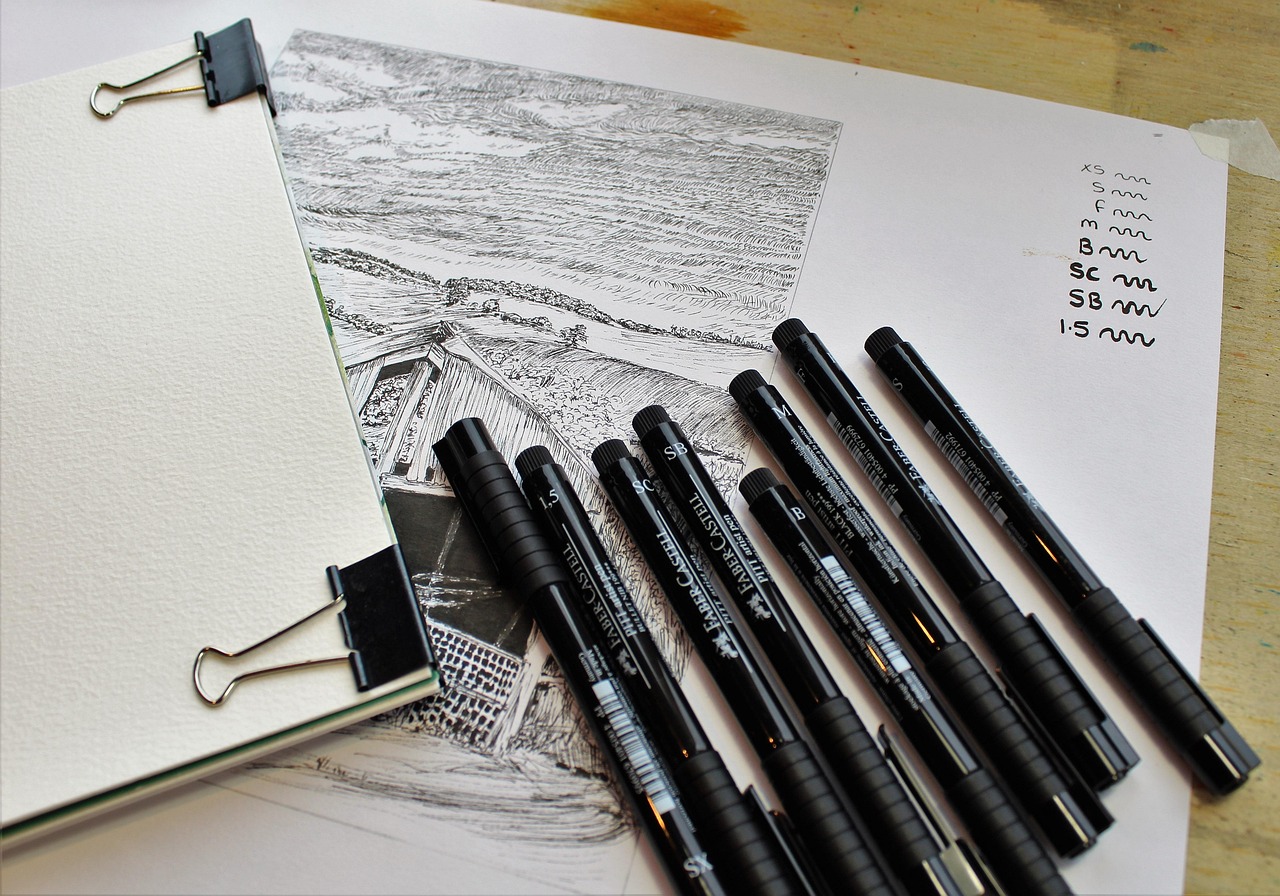Sketch pens and detailed landscape drawing